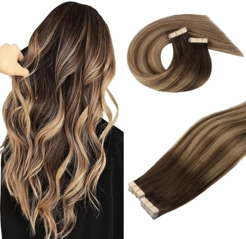DOORES Tape in Hair Extensions, Balayage Chocolate Brown to Caramel Blonde 40pcs 100g 22 Inch, Remy Human Hair Extensions Tape in Straight Skin Weft