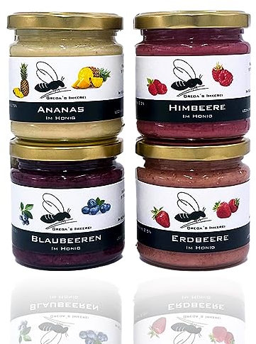 Gregas Imkerei 4er Frucht im Honig Set – Honigsüßer Aufstrich aus Familienimkerei mit gefriergetrockneten Früchten – ideales Probier- & Geschenkset | 4x 250g (Erdbeere, Blaubeere, Ananas & Himbeere)