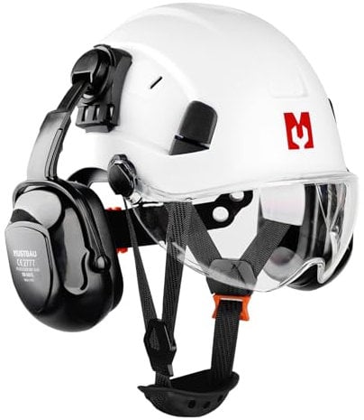 Mustbau Construction Hard Hats Ventilated Safety Helmet with Clear Visor,Hearing Protection,Earmuffs and Chin Strap,53 to 63 cm Adjustable Hard Hat for Forestry, Chainsaw, Industrial
