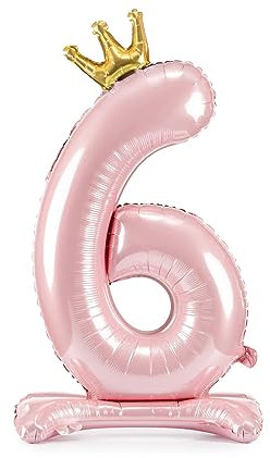 Folienballon 6. Geburtstag XXL Ballon 6 Hellrosa mit Standfuß selbststehend Ballon 6 Geburtstag Mädchen Kindergeburtstag Luftballon Zahl 6 Rosa mit goldener Krone, 84cm