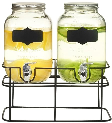 Getränkespender 2 STK. mit Ständer 2 x 4 L, TANZEM Wasserspender Mit Zapfhahn, Wasserspender, Limonadenspender, Saftspender, Wasserbehälter Mit Hahn, Bowle Sets Mit Gläser Und Deckel, Glas