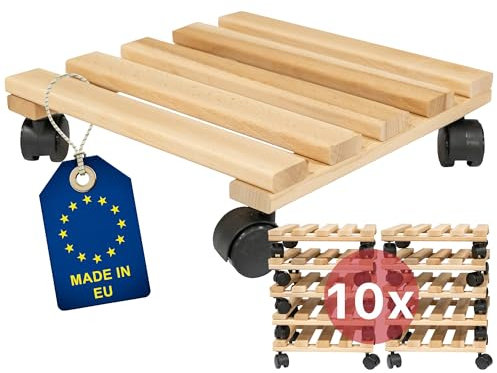 ITA Set de 10 Soportes con Ruedas para Plantas Cuadrados 30x30 cm de Madera de Haya - Capacidad de Carga 120 kg - Interior y Exterior