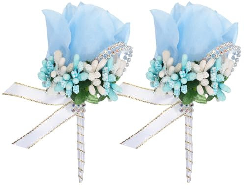 QUARKZMAN 2Stk Ansteckblumen Hochzeit Rose Bräutigam Ansteckblumen mit Pin und Clip für Hochzeit Party Zeremonie Jahrestag Formal Abendessen See Blau