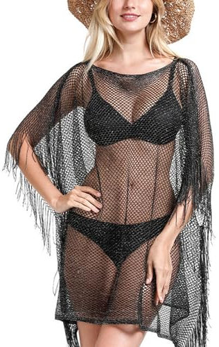Vossmi Vestido de Playa para Mujer Bikini Cover Up Borlas Ropa de Playa Verano Pareos Playa Crochet Corto Tops Camisa,Negro