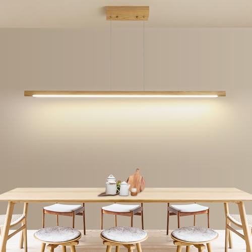 Mikeru 120cm Eschenholz Pendelleuchte, 10%-100% Dimmbar Runder Lampe aus Eschenholz LED Pendelleuchten Höhenverstellbar mit Speicherfunktion 3000K/4500K/6500K für Wohnzimmer, Büro