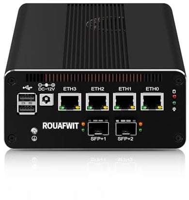 ROUAFWIT Micro Firewall Dual 10Gbe N100 Mini PC Router Gerät, 2 x SFP+ 10Gbps, 4 x 2.5Gbe i226-V LAN Klein Computer, DDR5 8G RAM NVME 256G SSD, AES-NI, SIM Slot, TF, 3 Anzeige