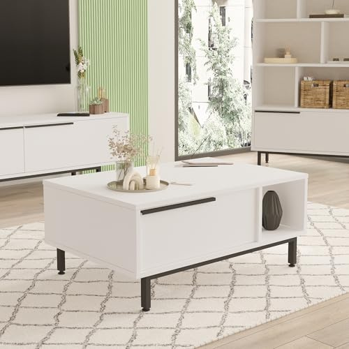 [en.casa] Couchtisch Majaajoå Wohnzimmertisch mit Stauraum 90 x 60 x 38 cm Beistelltisch mit Metallgestell Sofatisch mit Klapptür rechteckig Weiß