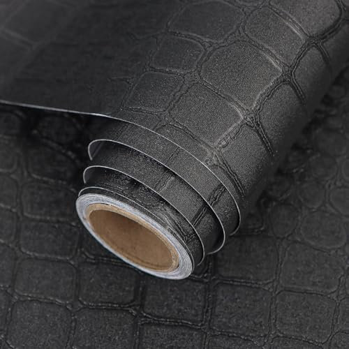 Arthome Abziehen und Aufkleben Tapete Schwarz,44cmx10m Krokodil Strukturiert Selbstklebende Klebefolie Kunstleder Abziehbare Wasserdichte Möbelfolie Vinyl Wrap Alligator Haut Papier für Möbel