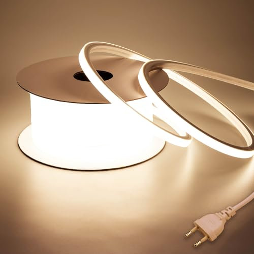 BENLUN AC 220V Neon LED Strip Outdoor 10M, 3000K Warmweiß LED Streifen Aussenbereich Wasserdicht IP65, LED Band 230V Direktanschluss, 10W/M Lichtband für Außen Indirekte Deleuchtung