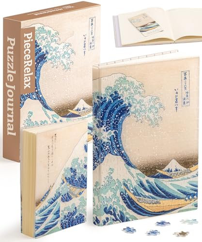 PieceRelax Puzzle Buchumschlag Katsushika Hokusai - The Great Wave [YA1066], A5 Liniertes Notizbuch, Transparente Buchhülle, Stifthalter, Lesezeichen, 329 Teile