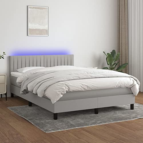 Willood Boxspringbett mit Matratze Bett Kopfteil LED, Einzelbett Bettgestell mit Lattenrost, Polsterbett Bettrahmen Hellgrau 140x200 cm Stoff Vertikale Streifen