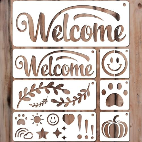 YKW Welcome Sign Stencils Set - 8 Reusable Smiley Paw Templates - Up to 14x5 - Welcome Words, Leaves, Pumpkin - for Porch, Door, Wood, Fabric - DIY Home Decor,Translucent and Soft