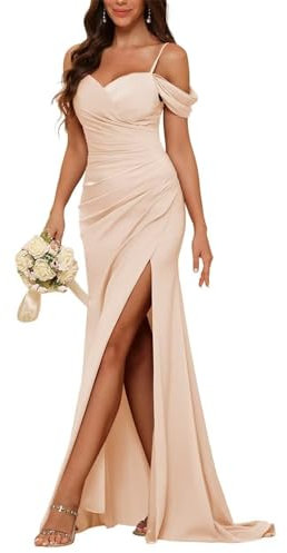 YIANN Robe de demoiselle d'honneur en satin à épaules dénudées pour femme, robe de bal formelle plissée avec fente, rose gold, 36