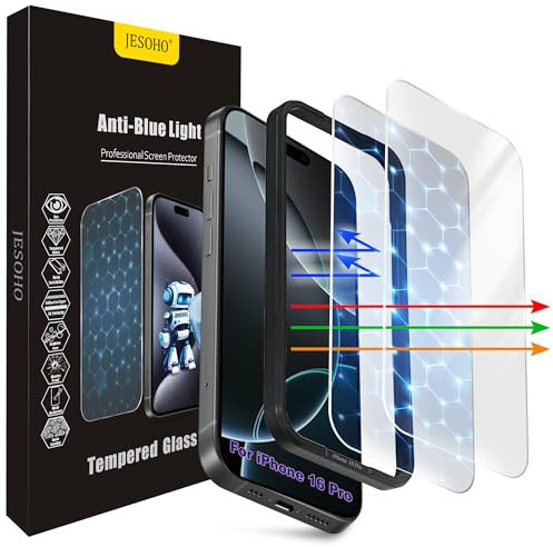 JESOHO Screen Protector for iPhone 16 Pro[6.3 Inch],3RD Colorless Anti-Blue Light Tempered Glass Films,HD Clear, 9H Hardness, No Bubbles, Case Friendly 2 Pack