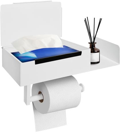 Toilet Paper Holder with Storage Box White Toilet Roll Holder Wall Mounted Self Adhesive No Drill Toilet Paper Holder Stainless Steel with Shelf for Bathroom Washroom Toilet Kitchen White
