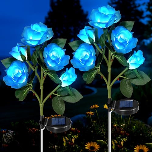 HELESIN Lámparas solares para jardín exterior, 2 unidades, protección IP65, resistentes al agua, flores solares para exteriores, 5 pétalos de rosas, lámparas solares para decoración exterior, arbustos