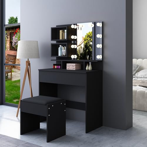 Schminktisch mit LED-Beleuchtung und Hocker,Schminktisch mit Spiegel und 3 Farbtemperaturen,Frisiertisch mit 5 Fächern & Schublade,Make up Tisch für das Schlafzimmer,Schwarz,70x40x140 cm