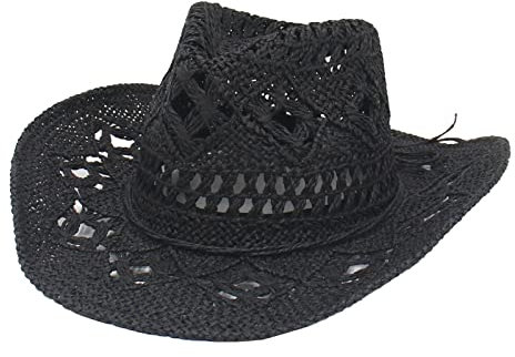 Sombrero de vaquero de paja de verano para mujeres y hombres, ala ancha, hueco, playa, casual, sombreros de sol para mujer, damas, Negro, Talla única