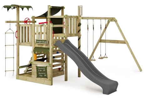 Fatmoose Aire de Jeux Portique d'escalade CrazyCoconut Club XXL avec balançoire, Toboggan Anthracite & bâche Vert Olive, extérieur Tour d'escalade avec bac à Sable, échelle & Accessoires de Jeux