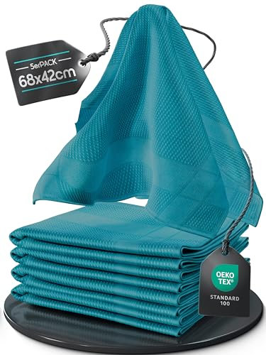 Haushalt und Genuss Microfaser Geschirrtücher Set 68x42cm Hochsaugend & Schnelltrocknend Streifenfrei bis 95°C Waschbar trocknergeeignet fusselfrei Küchenhandtücher (5, Petrol, 68x42cm)