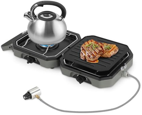 Yugodex Réchaud de camping à gaz 2 en 1 à 2 brûleurs avec plaque de cuisson et tuyau de gaz | Réchaud à gaz pliable pour extérieur, barbecue et camping Gris