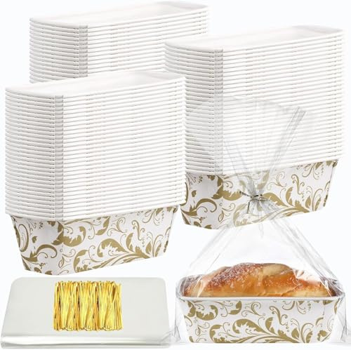 100 Set Paper Loaf Pans, Disposable Loaf Pan Liners with Clear Plastic Bags and Ties Mini Paper Baking Pan Rectangle Bakeable Cake Mold for Cake Bread Bakery,7 x 3 x 2 Inch(White)