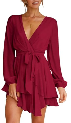 Wenrine Damen Kleider Sexy Tiefer V-Ausschnitt Freizeitkleid A Linie Rüschen Minikleid Langarm Wickelkleid mit Gürtel, Weinrot, M