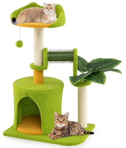 GOPLUS Kratzbaum klein, Katzenturm mit große Plattformen, Katzenhöhle, Sisal-Kratzpfosten, Pflegebürste, Ball & künstlichen Blättern, Katzenbaum Indoor, Kletterbaum für Kätzchen (79 cm)