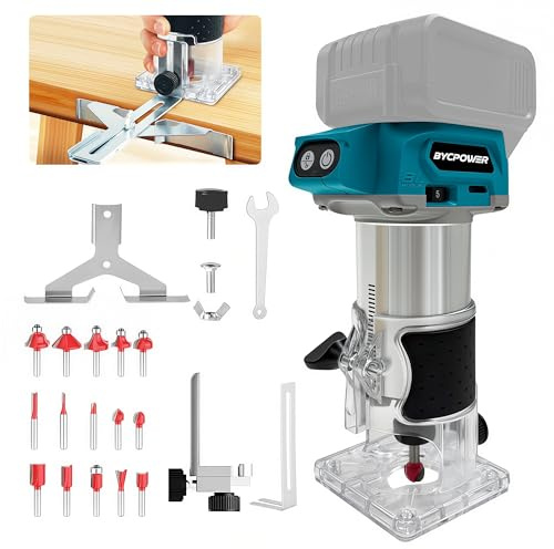 bycpower Fresa a batteria per batteria Makita da 18 V, 800 W, con 6 velocità, 30000 giri/min, fresa multifunzione senza spazzole, fresa portatile con 15 frese da 1/4 (senza batteria)