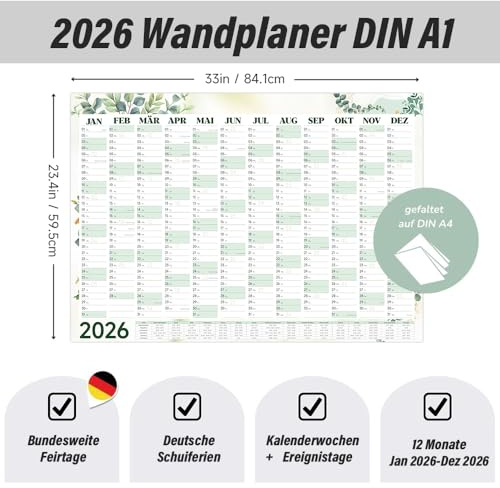 Kalender 2026 Wandkalender A1 gefaltet (84.1 x 59.5 cm), 12 Monate: Jan - Dez 2026, Wandplaner mit Deutschet Feiertage, Großer Jahresplaner - modern für Familie, Büro