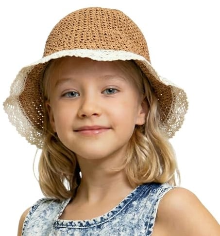 Zidoley Chapeau de paille pour enfant fille - Chapeau de soleil pour enfants avec dentelle et bord large, réglable avec cordon de serrage - Chapeau de plage pliable avec trou pour tresses