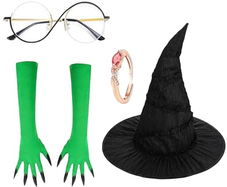 Generico Hut und Handschuhe - Premium schwarzes Kostüm für Frauen mit Ausrüstung Cosplay Handschuhe grüne Klaue | Für Party-Kostüme für Rollen-Events im Carnev-Film