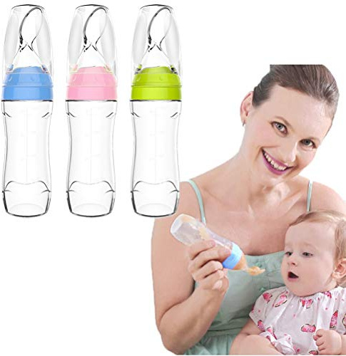 Generic Baby Silicone Squeeze Feeding Bottle Safe 120ml Food Dispensing Spoon for Infant - Blue/Pink for Babies/Toddlers (Blue)