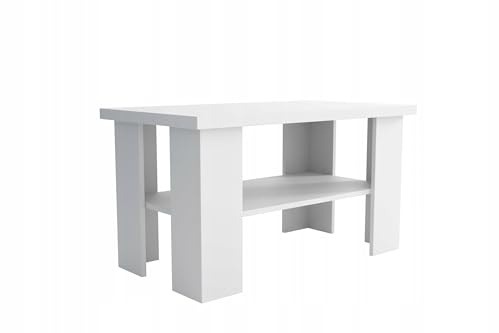 MEBLOHAND Couchtisch 90x50 cm für Wohnzimmer - Quadratischer Beistelltisch aus Laminierter Platte - Praktischer Kaffeetisch mit Regal Weiß