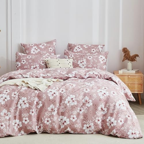 Boqingzhu Bettwäsche Blumen 135x200 cm Altrosa Rosa Weiß Blüten, Floral Design Mikrofaser Bettbezug mit 1 Kissenbezug 80x80 cm, Bettwäsche Weich mit Romantischem Blumenmuster