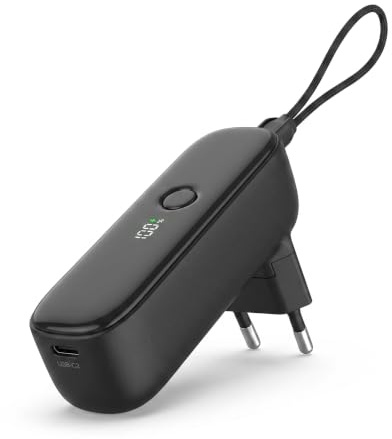 Alkaya 2-in-1 Powerbank 5000mAh mit faltbarem EU-Wandstecker, 22W USB-C Superschnellladung, LED-Prozentanzeige, nur 157g dünne tragbare Externe Batterie für Büro, Reise, Pendeln, Outdoor, Schwarz