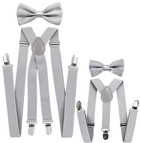 axy® Vater-Sohn Partnerlook Hosenträger mit Fliege Set für Herren-Damen-Kinder (Lichtgrau (Herren 2,5cm + Kinder Hosenträger Breit 2,5cm))