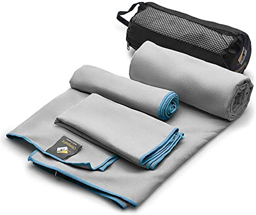 OlimpiaFit Mikrofaser Handtuch Set - 3 saugfähige Handtücher mit Netztasche - Schnelltrocknend, Ultra leicht & kompakt - Camping, Sport, Strand (Grau)