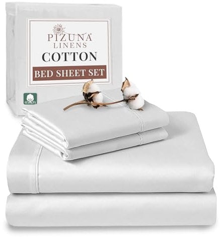Pizuna 100% Cotton Super King Bed Sheet Set White, 400 Thead Count Long Staple Cotton Bedding Set 300x280 cm, Soft Sateen 4 PC King Bed Sheet Set -Fitted Sheet, Flat Sheet & 2 Pillowcases