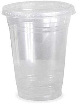 Thali Outlet - 100 x 12oz 340ml Clear Plastic Smoothie Cups & Flat Lids Milkshake Cold Disposable Drinks Cups