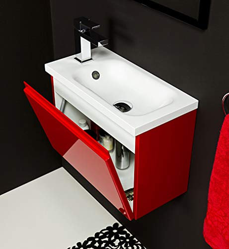 Quentis Badmöbel | Gäste-WC Möbel FAROS, Breite 50 cm, Waschplatzset 2-teilig, Waschbecken und Unterschrank, Waschbeckenunterschrank montiert (rot glänzend)