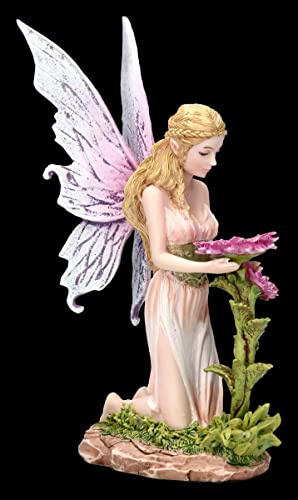 Figuren Shop GmbH Elfen Figur - Florina kniet vor Blume | Fee, Fairy, Engel, Deko-Figur, Deko-Artikel, Statue, Skulptur, H 15 cm
