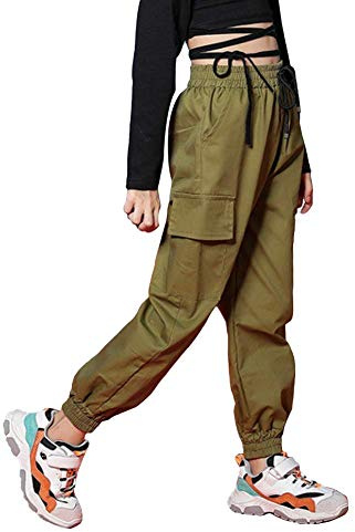 Pantalon Cargo Enfant Fille Pantalon de Jogging pour Filles Hip Hop Street Dancewear Costume 4-15 Ans(Armée Verte,8-9 ans/140)