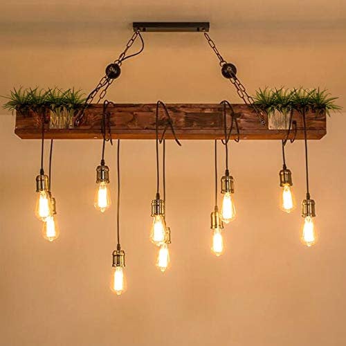 FUMIMID Industrielle Pendelleuchte Holz Hängelampe Rustikale Kronleuchter Braun Groß Holzbalken Lineare Hängeleuchte Bauernhaus Esszimmerlampe Wohnzimmer Schlafzimmer Küche Vintage Deckenleuchte