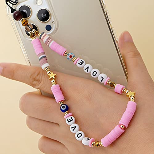 Bakermiche lanière Lettre Bracelet Bijoux Bracelet Antidérapant Lanière Chaîne Anti-Perte en Cristal de Téléphone Portable, Lanière de Perles de Téléphone Portable pour Femmes Filles (Rose)