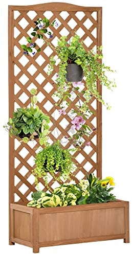 Outsunny 53L Garden Wooden Planter Box with Trellis Free Standing Flower Raised Bed with Lattice for Climbing Plants, 76cm x 36cm x 170cm, Brown