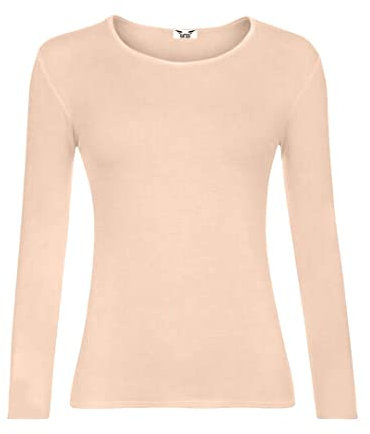 KATSSI Women’s Ladies Long Sleeve Stretch Plain Round Scoop Neck T Shirt Top SM Nude