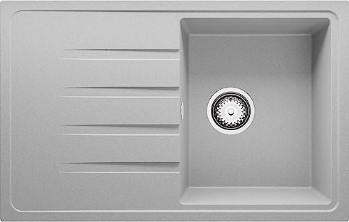 PRIMAGRAN Fregadero Cocina Gris 78x50cm, Granito 1 Seno + Sifón, Sobre encimera al mueble 45cm - Milano