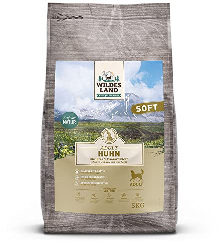 Wildes Land - Halbfeuchtes Trockenfutter für Hunde - Huhn - 3 x 5 kg - Soft mit Reis und Wildkräutern - Glutenfrei - Extra viel Fleisch - Für alle Hunderassen - Beste Akzeptanz