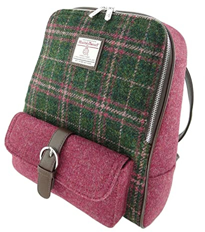 KWH Großer Naver-Rucksack aus Harris-Tweed in Dunkelgrün und Pflaume mit Tartan-Karomuster